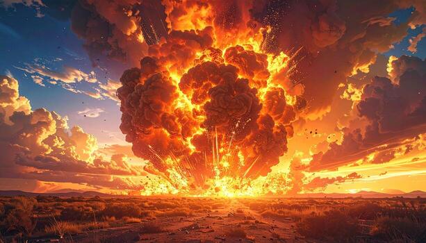 Massive explosion erupts over a desert landscape at sunset. Fiery clouds billow against a vibrant sky. Distant desert terrain visible photo