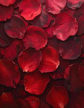 A close-up view of many vibrant red rose petals. The petals vary slightly in shade and pattern, with darker reddish-maroon veins photo