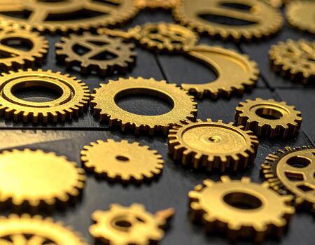 Close-up of many golden gears on a dark surface photo