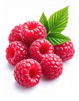 Fresh raspberries, vibrant red, plump berries, arranged with a green leaf, isolated on white background photo