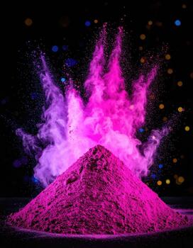 Vibrant explosion of pink and purple powder on a dark background. A large mound of the powder rests on a surface, with bursts of the same colors erupting outwards. Bokeh lights add depth photo