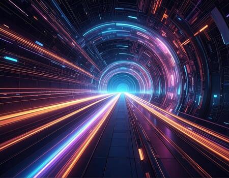 Futuristic tunnel with vibrant neon lights and motion blur photo
