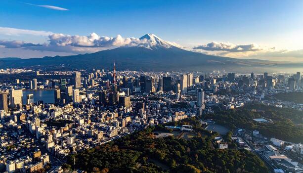 Panoramic view of a Japanese city, Mt. Fuji in the background photo