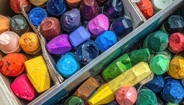 Colorful crayons in a box. Many used crayons of various colors photo