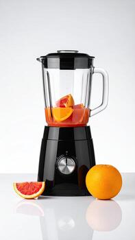 Black blender with citrus fruit and juice photo