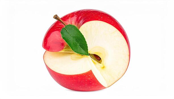 Red apple, sliced in half, displaying core and stem photo