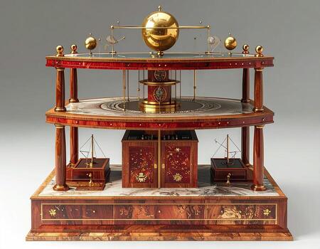 Ornate, multi-tiered astronomical clockwork model. A detailed, ornate, wooden, ornamental, double-decker, ornamental clock-like apparatus depicting celestial mechanics with golden planetary spheres and delicate mechanisms. Two tiers of rich wood, pi photo