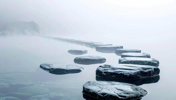 Misty pathway of smooth stones across a calm lake photo