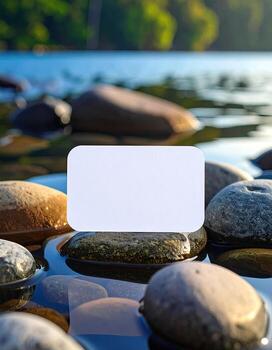 Blank business card resting on stones in shallow water, tranquil natural setting photo