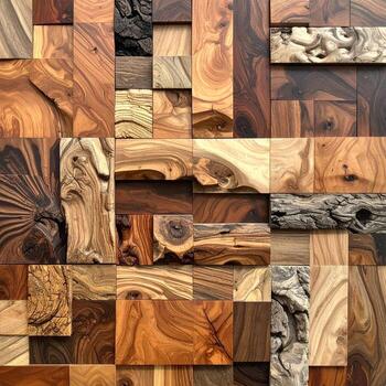 A detailed wood panel with many shades and textures. Squares and rectangles of various woods, some with visible grain and knots, form a patterned surface. Natural wood tones from light browns to dark. A mosaic of wood pieces photo