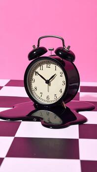 A black alarm clock sits on a checkered surface, submerged in a pool of molten, reflective liquid photo