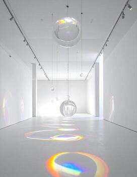 Modern art installation. Suspended, reflective spheres cast colorful light patterns on a white floor and walls photo