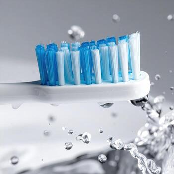 Close-up of a white toothbrush with blue bristles, submerged in water with splashing photo