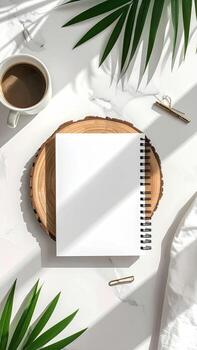 Blank notebook on a wood slice, with coffee and tropical leaves photo