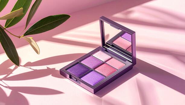 A compact eyeshadow palette in a dark-purple case sits on a pale-pink surface, dappled with shadows cast by an olive branch. The palette holds four shades of eyeshadow deep purple, light purple, rose, and mauve. A small mirror is visible inside the open photo