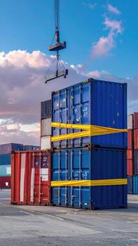 Stacked shipping containers, a crane in action. A view of several shipping containers stacked high, secured with yellow banding. A crane's lifting mechanism is visible, positioned above the stack. A pale, cloudy sky completes the scene photo