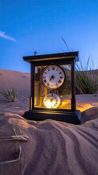 un Clásico reloj, anidado en el arena dunas a crepúsculo, con cálido, ambiente ligero destacando el mecanismo foto