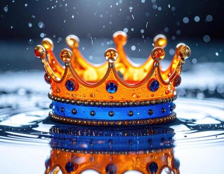 Ornate crown resting on rippled water surface, with splashes photo