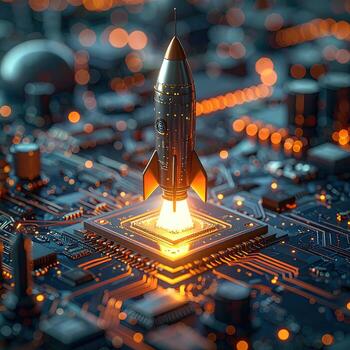 cohete lanzamiento desde un brillante computadora chip en un circuito tablero foto