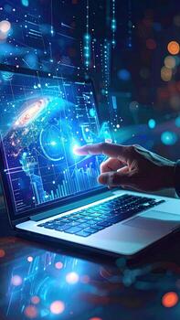 A hand interacts with a glowing laptop screen displaying dynamic data visualizations. Overlayed digital information swirls around the screen, creating a futuristic and technological atmosphere photo