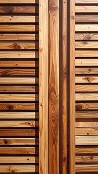 de cerca de un ligero marrón de madera listones pared o puerta. vertical madera tablones crear un repitiendo modelo. de madera vigas correr verticalmente, contrastando con el horizontal listones foto