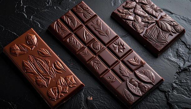 Three dark chocolate bars, arranged on a dark stone surface, each with intricate leaf patterns embossed photo