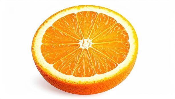 Close-up of an orange slice, vibrant orange segments, and a visible pith photo