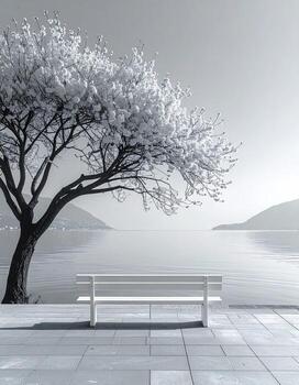 un tranquilo monocromo escena de un sereno frente al lago. un blanco banco se sienta debajo un floración árbol, bañado en suave, difundido ligero foto
