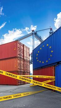 Shipping containers stacked, yellow caution tape, EU flag, port scene photo