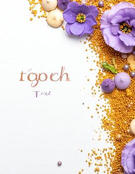 Lilac flowers and gold sprinkles border a white background, with text photo