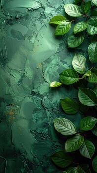 Deep green textured background with fresh leaves photo