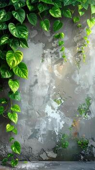 Greenery cascading down weathered gray wall photo