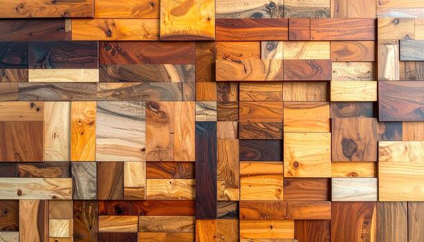 A wall of varied, rectangular wooden blocks. Colorful, rich hues. Intricate patterns. Abstract design photo