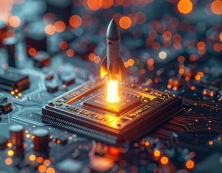 A rocket launching from a microchip on a circuit board. Bokeh effect photo