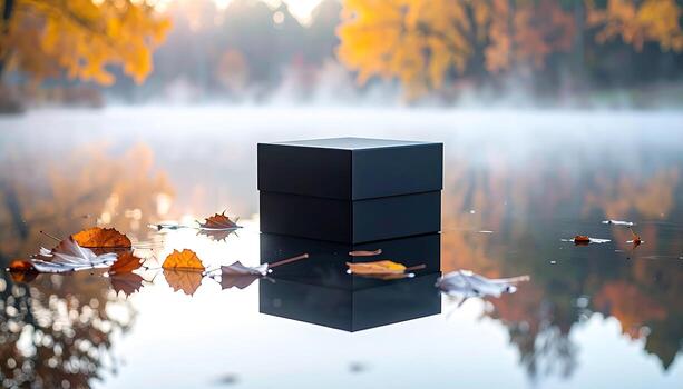 A black box rests on calm water, surrounded by autumn leaves photo