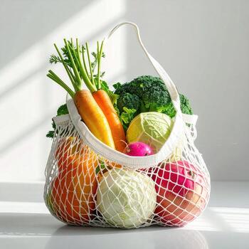 Fresh produce in a reusable mesh bag. Sunlight illuminates a variety of colorful vegetables and fruits nestled within a white mesh tote bag on a white surface photo