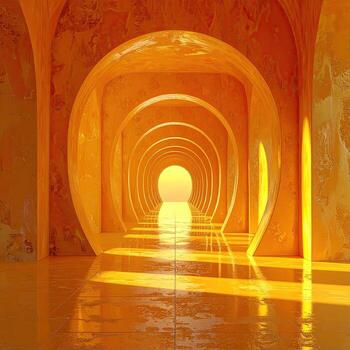 Sunlit, orange archway tunnel. A vibrant, glowing hallway of arched openings leads to a distant light source photo