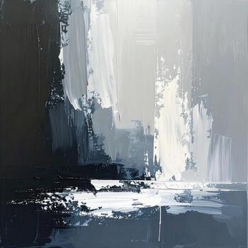 resumen paisaje urbano, escala de grises matices grueso, en capas Pinceladas crear vertical formularios, transicion desde oscuro a ligero. suave, difundido ligero sugiere un brumoso atmósfera. un horizontal avión de apagado tonos llena el inferior parte foto