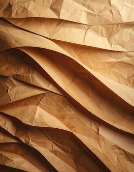 Close-up of crumpled, tan paper sheets arranged in flowing, undulating lines photo