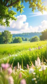lozano prado bañado en luz de sol, con un vibrante formación de flores silvestres y arboles foto