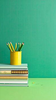 A stack of books with a yellow pencil holder photo