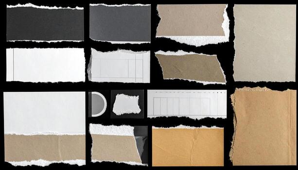 Assorted torn pieces of paper and cardboard on black background photo