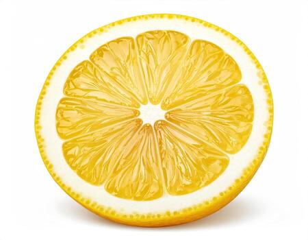 Close-up of a bright yellow lemon slice. A circular cross-section reveals vibrant yellow flesh with a textured, glossy appearance radiating from the center. The white pith is visible, showcasing a starburst pattern photo