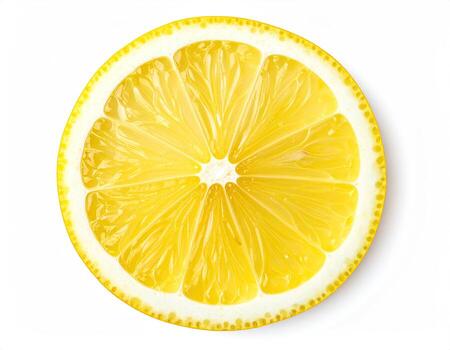 Overhead view of a perfectly round lemon slice. The bright yellow rind surrounds a white, segmented interior photo