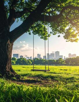 Empty swing beneath a lush tree in a park, overlooking a city skyline at sunset photo