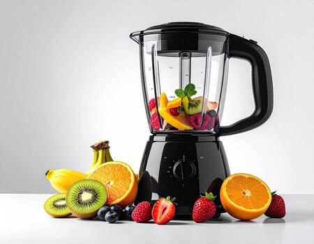 Black blender filled with colorful fruits ready to blend photo