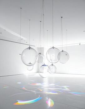 Clear orbs hang from white ceiling. Light refracts on floor photo