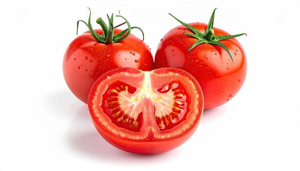 Two whole and one halved tomatoes on white background photo