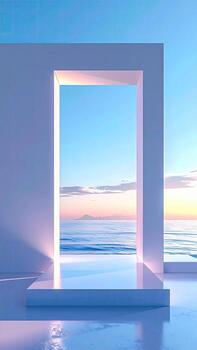 Pastel-toned architectural scene with a large, rectangular opening overlooking a serene ocean photo