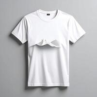 un blanco camiseta, sutilmente texturizado, con un doblada pedazo de tela en capas dentro el cofre área, creando un suave, esculpido formar en contra un llanura gris antecedentes foto